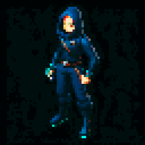 Game character rogue-like game with top view, regular guy with weapon and hand pet, cyberpunk, gray background, 16-bit, controls time, gray background, fighting pose, prepared