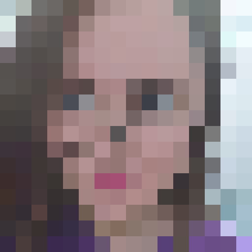 girl with glasses, pixelated close-up, game icon style, 16x16, vibrant colors, expressive eyes, whimsical hair, retro vibe