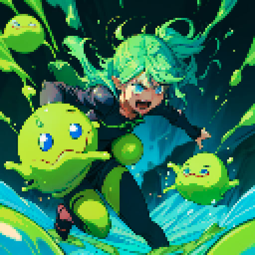 slime surging up around someone, slime engulfing a hero, slime consuming a hero, hero getting engulfed by slime, slime attack, dynamic, slime slamming into someone, impact, splashing slime, full-body image, full-body art, hero's hair and clothing color vary