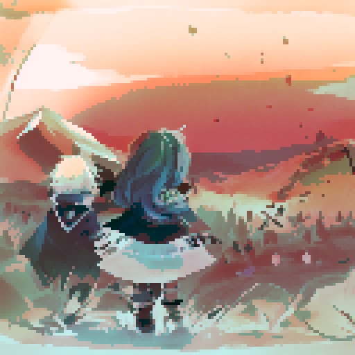 Two adventurous people staring into the sunset of a colorless wasteland