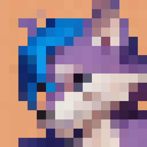 male, wolf, furry, 1boy, solo, purple fur, eyes looking at viewer, three quarter view, three-quarter view, profile picture, blue eyes, blue hair, streaked hair, face close-up, head close-up, perfect face, character, young adult, perfect anatomy, happy expression, black nose, white muzzle, orange background, simple background, upper fangs, sharp fangs, shirtless, game icon, 16x16, pixel art, close up, portrait