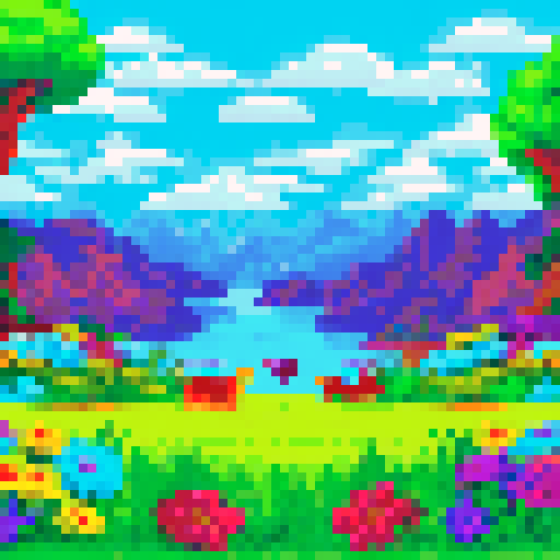 cute cats, sitting in the grass, surrounded by vibrant flowers, with a pixel art style, set against a scenic sRGB background, creating a picturesque landscape