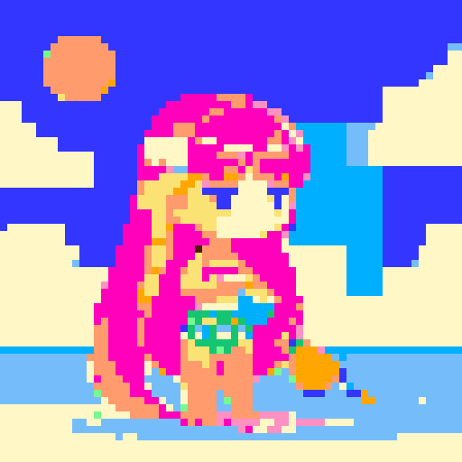 girl with long flowing hair, wearing a vibrant bikini, holding a refreshing coconut drink with a small umbrella, amidst a collection of brightly patterned beach towels, set against a sunset background