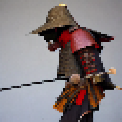 Samurai with a sword fighting while face is covered by a hat
