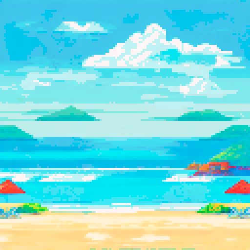 overhead view, vibrant beach, waves washing, sRGB, pixel art, background, landscape