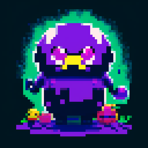 dangerous slime, toxic purple hue, faint glow, sharp eyes, sinister expression, menacing, toxic bubbles, pixel art, sRGB