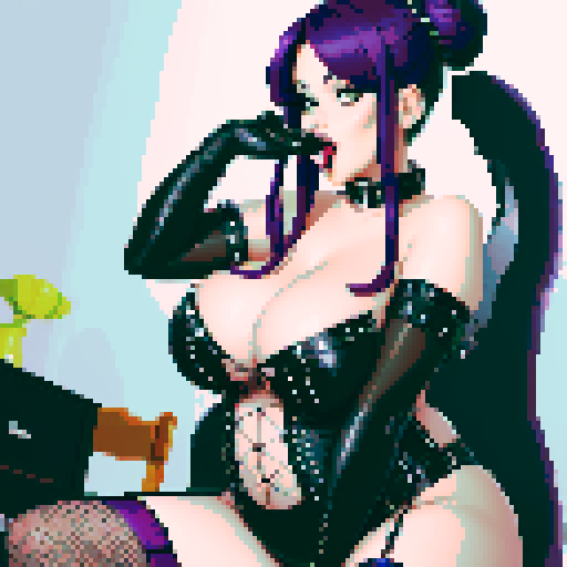 thicc, curvy, seductive busty goth babe with studded collar, long purple hair in buns, fishnet stockings, orgasmic aroused nude big titty goth sticking out tongue, pixel art, sRGB