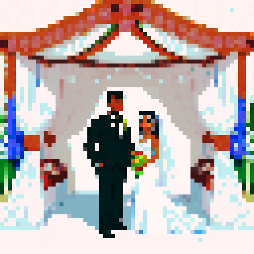 bride with fair skin, black hair, and tall stature, groom with ethnic features, both under white cloth chuppah, at a Jewish wedding, against a black background, in a flat color, pixel art style, emphasizing sRGB