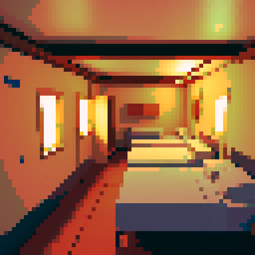 A dormitory room full of beds, in an unappealing underground emergency bunker.