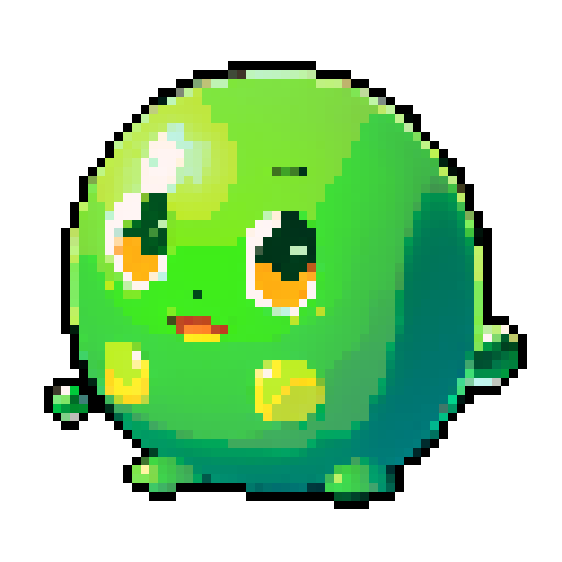 A larger, more formidable amorphous blob with a thicker, more opaque green body. It has bigger eyes and a wider smile, with more bubbles inside. No background.
