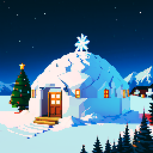 snowy mountain range ski town with a tiny lodge, igloo, campsite, cold, pixel art, sRGB, christmas themed