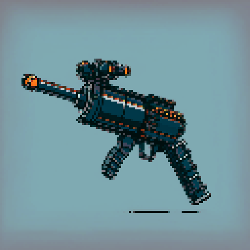 I want to see a simple minigun with 8 barrels floating in the center of the frame. It should have strange mechanical details that could interlock with others. I want this object usable an asset in a videogame, meaning only one object per image, outlined with a strong black stroke, on a solid-color background. 