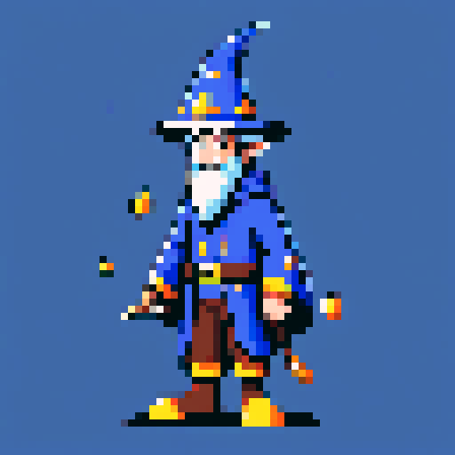 Create a pixel art character of a whimsical wizard . The wizard should wear a blue robe covered with yellow stars and a matching pointy hat. He should have a playful grin

