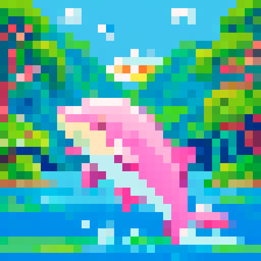 a pink dolphin jumping in a river in the middle of a rainforest