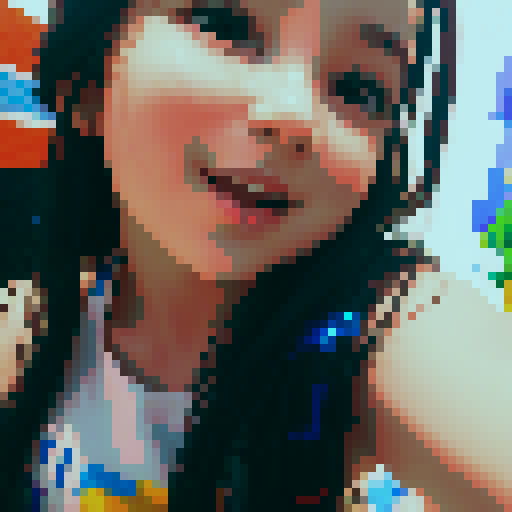young girl with vibrant, flowing hair, wearing a retro pixel art dress in sRGB colors, posing in a selfie picture with a background of pixelated landscapes and a bright, pixelated sun