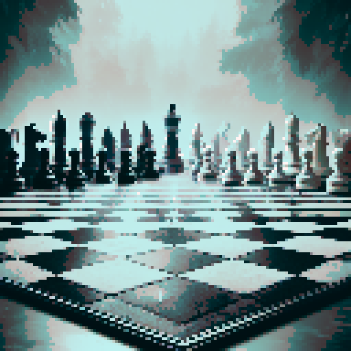 A realistic chessboard battleground with a black-and-white checkered floor, tilted upward at an angle for depth and a battle scene perspective. The foreground is open for a player's view, while the middle-right showcases large, detailed chess pieces in a strategic mid-game layout. The chessboard's edges dissolve into a subtle background of soft shadows and atmospheric haze, creating an immersive, grounded environment perfect for a dynamic and functional battleground.