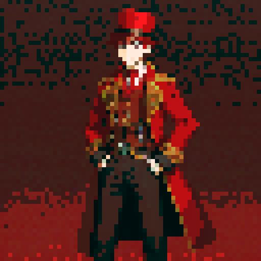 steampunk young man, red coat, red hat, 2D game stance, pixel art, sRGB