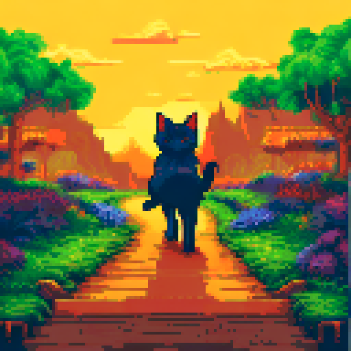 cat, fence, sRGB, pixel art, background, landscape, vibrant colors, intricate details, whimsical, fantasy elements, lush greenery, blooming flowers, golden sunlight, soft clouds, distant mountains, playful butterflies, sparkling river, winding path, dappled shadows, gentle breeze, peaceful atmosphere, charming cottages, meandering stream, quaint bridges