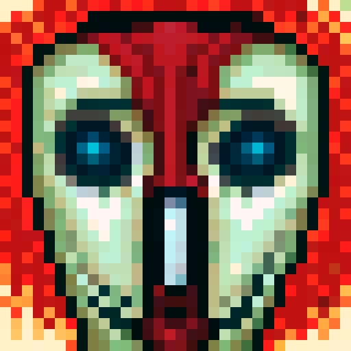 A person with skull mask wearing red suit. Pixel portrait.