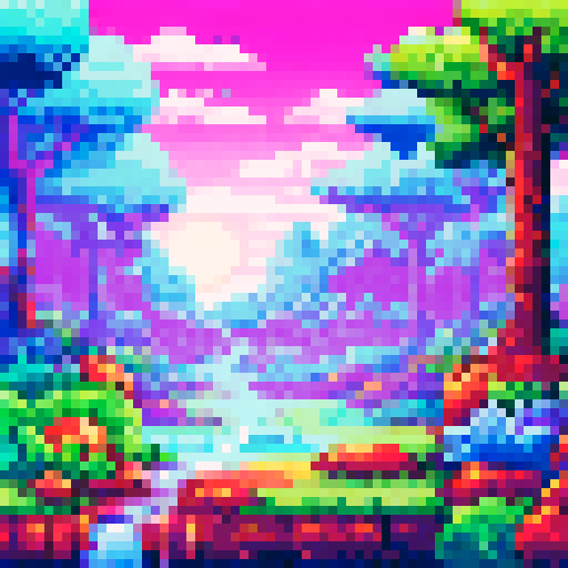 Adventure through a misty, enchanted forest with vibrant foliage and a glowing sword slicing through the air, leaving a trail of sparkling dust in its wake