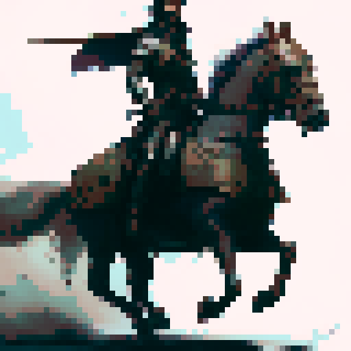 cavalry soldier on horseback holding a spear, horse front legs up and galloping