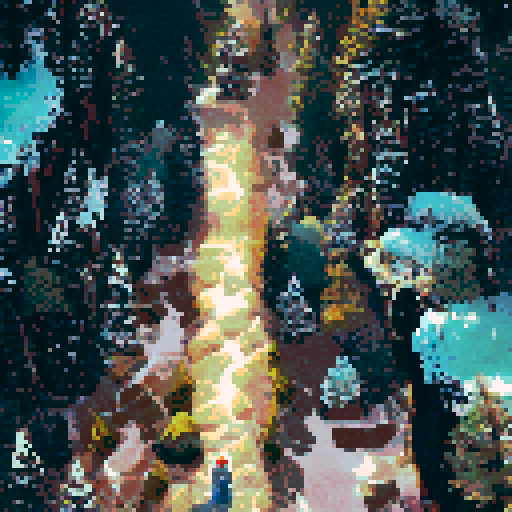 male adult, grey jacket, enormous sequoia tree, majestic, snowy sequoia forest, pixel art, sRGB