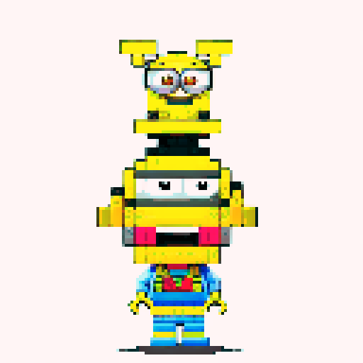 Minions, pixel lego, vibrant colors, blocky forms, playful expressions, retro video game aesthetic, 8-bit graphics, square pixels, limited color palette, sRGB compression