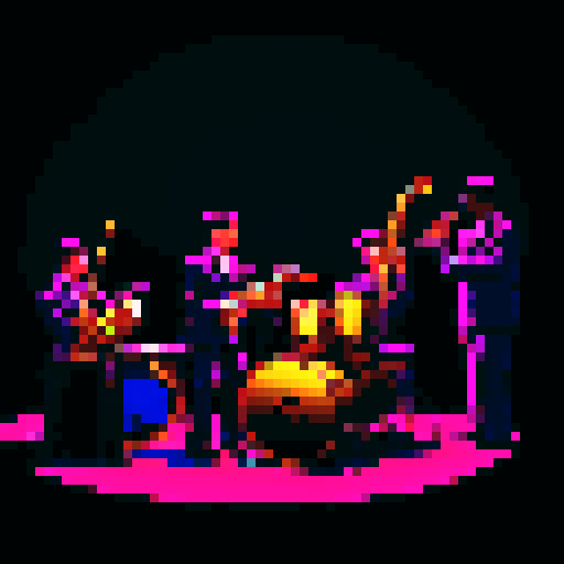 jazz musicians playing instruments, drums, double bass, saxophone, guitar, microphone, setting is a dimly lit bar, backlit, black, dark purple, brown, gold, pixel art style, sRGB
