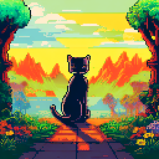 cat, fence, sRGB, pixel art, background, landscape, vibrant colors, intricate details, whimsical, fantasy elements, lush greenery, blooming flowers, golden sunlight, soft clouds, distant mountains, playful butterflies, sparkling river, winding path, dappled shadows, gentle breeze, peaceful atmosphere, charming cottages, meandering stream, quaint bridges