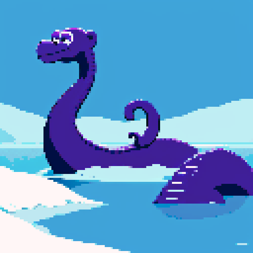 Large purple smiling loch ness monster silhouette swimming, poking its head out of frozen lake, winter, monkey on top