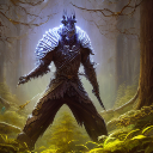 Amidst a dense forest of towering trees and glowing mushrooms, a fierce warrior clad in shimmering armor wields a glowing sword, ready to battle the nefarious monsters that lurk in the shadows.