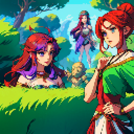 Four goddesses. One goddess has red hair, one goddess has blue hair, one goddess has green hair, and one goddess has purple hair.