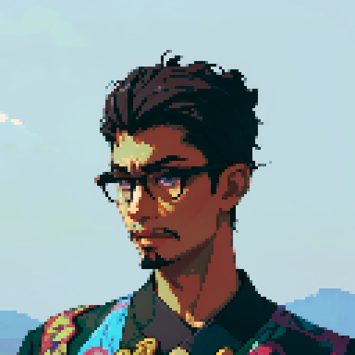 Southeast Asian man, short curly hair, round glasses, tanned, goatee, diamond shaped face, Wearing a robe like a thife