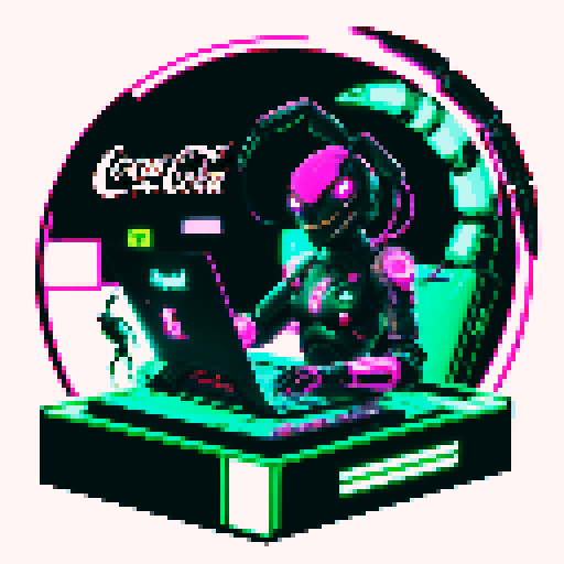 cute cyberpunk scorpion with expressive joyful eyes, and a playful smile, scorpion is playing computer games, tables with coca cola, scorpion's tail should be fully in the picture, bright yellow and cyan and pink lights