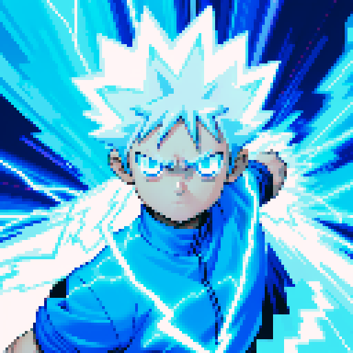 killua zoldyk, electric effect, blue white, pixel art, sRGB, fantastic, lightning bolts, glowing aura, dynamic movement, crackling energy, intense expression