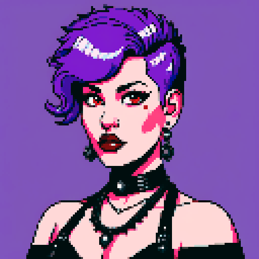 plus size, busty, greaser goth girl with medium length purple hair, black eyeshadow, and red lipstick, wearing a low-cut studded leather halter top and studded collar, posing for a glamour shot photo, creating a whole head portrait as an avatar photo, with vibrant sRGB colors, pixel art, and an edgy aesthetic