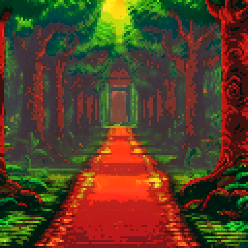 Forest monks tradition temple, monks in orange robes, stone lanterns, moss-covered steps, towering ancient trees, vibrant red and orange leaves, golden sunlight filtering through branches, tranquil atmosphere, pixelated serene landscape, detailed temple artifacts, warm color palette