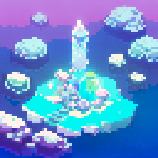 technological Aztec Style Ziggurat, shimmering in neon hues, surrounded by frozen waters reflecting the pixel art skyline