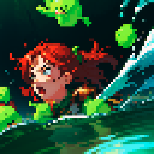 hero sinking into slime, hero drowning in slime, hero has red hair, hero has silver armor, reaching up, panic, sinking deep into the goo