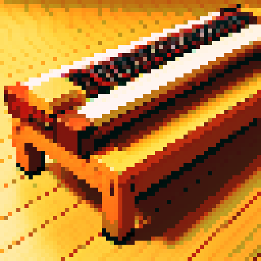 Koto, traditional Japanese musical instrument, elegantly positioned on a wooden floor, rendered in pixel art with vibrant sRGB color palette
