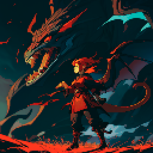 red dragon, fiery scales, sharp claws, fierce expression, towering presence, detailed pixel art, vibrant colors, textured scales, intricate patterns, glowing eyes, majestic wings, powerful tail, smoke billowing from nostrils