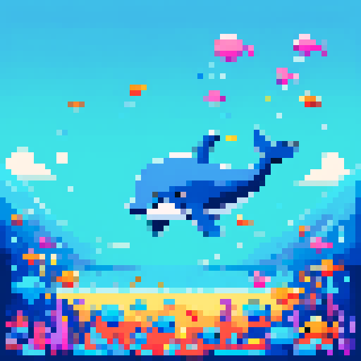 cute, cartoon whale, pixel art, sRGB, vibrant colors, playful, underwater scene, smiling, joyful, surrounded by colorful fish, bubbles floating around, blue ocean background