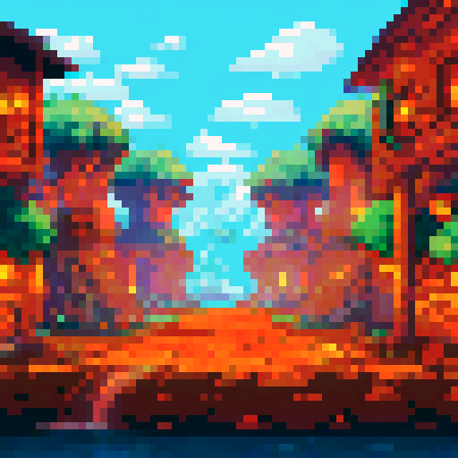 Cozy fantasy tavern with a wooden table adorned with tankards, surrounded by patrons in medieval attire, flickering candlelight casting warm hues on the stone walls, all set against a picturesque pixel art landscape in vibrant sRGB colors