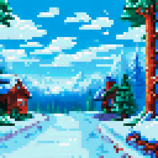 Cozy cabin nestled in a snowy, pixel art mountain landscape, with a background of sRGB colors creating a serene and immersive winter wonderland