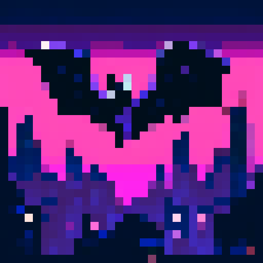 Bat creature, with dark wings spread wide, soaring through a neon-lit cityscape at midnight, casting pixelated shadows on the sRGB buildings below