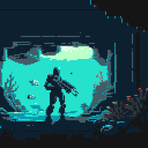 underwater scene with faceless diver looking towards camera holding a harpoon gun, ambient feel with slight sci fi and metroidvania elements