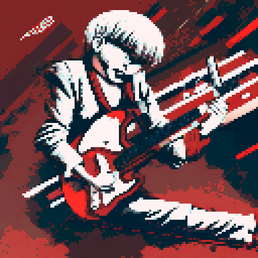 Logo avatar of PetrusDeGrudencz, new electronic music maker and ai designer, sitting boy with guitar with reds in background
