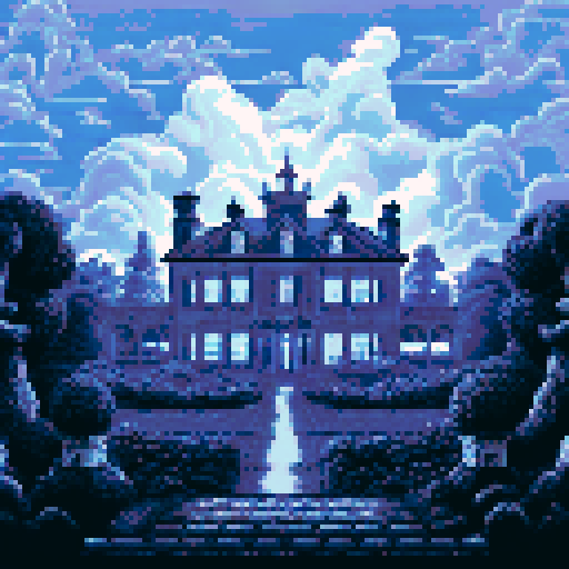 Haunted plantation style mansion, looming atop a hill, with a winding cobblestone pathway leading to its entrance, under a black night sky filled with ominous thunderclouds and sporadic bursts of lightning, all depicted in pixel art, creating a haunting background landscape