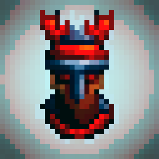 Horned, fiery demon hunter helmet with intricate engravings, glowing red eyes, and smoke billowing from the nostril-like vents, rendered in 32x32 pixel art for use as a game asset