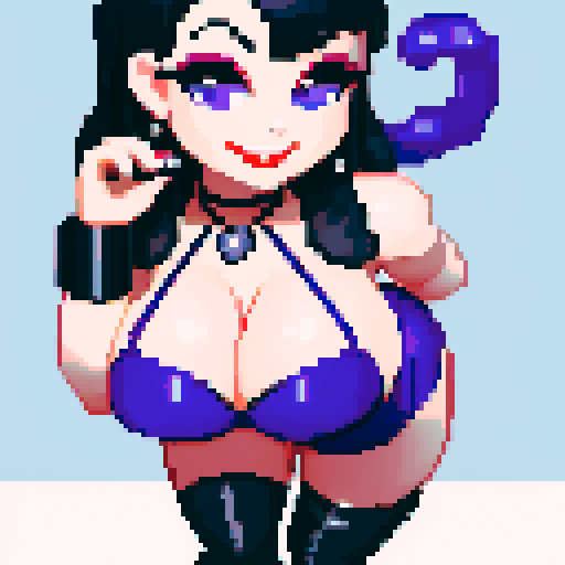 curvy, cute goth girl, smiling, black hair, purple eyeshadow, red lipstick, wearing bikini, glamour shot, pixel art, sRGB